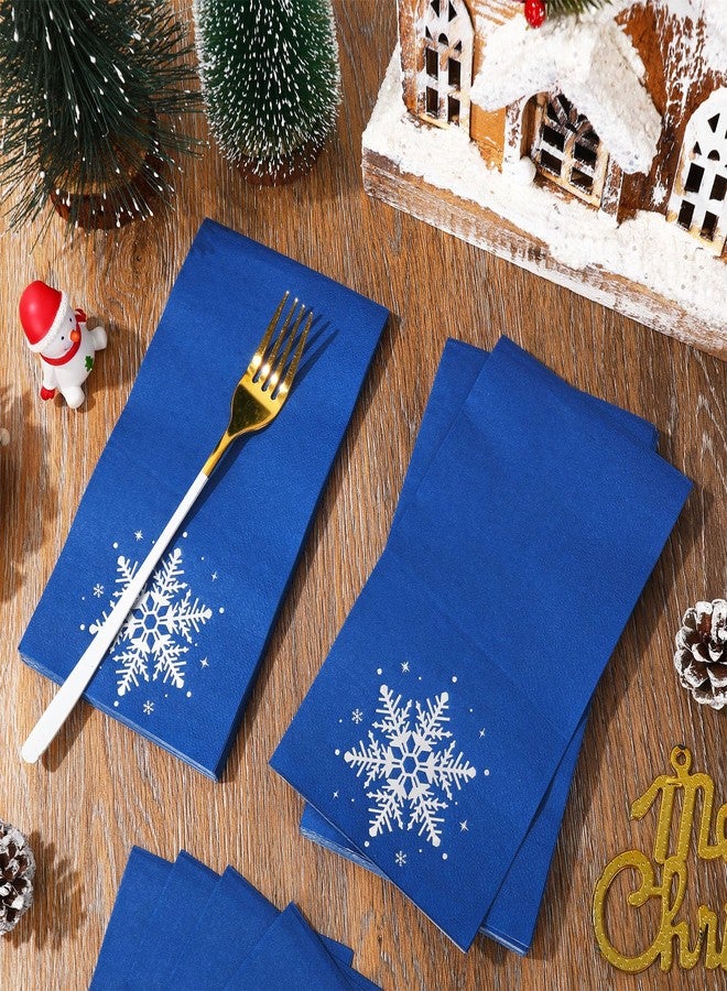 JarThenaAMCS مناديل جارثينا إيه إم سي إس الشتوية للضيوف، 100 قطعة، مناديل ورقية للاستخدام مرة واحدة، فضية اللون، مزينة بنقوش ندفات الثلج، مناديل ورقية زرقاء اللون، مثالية لحفلات عيد الميلاد الشتوية - Image 4